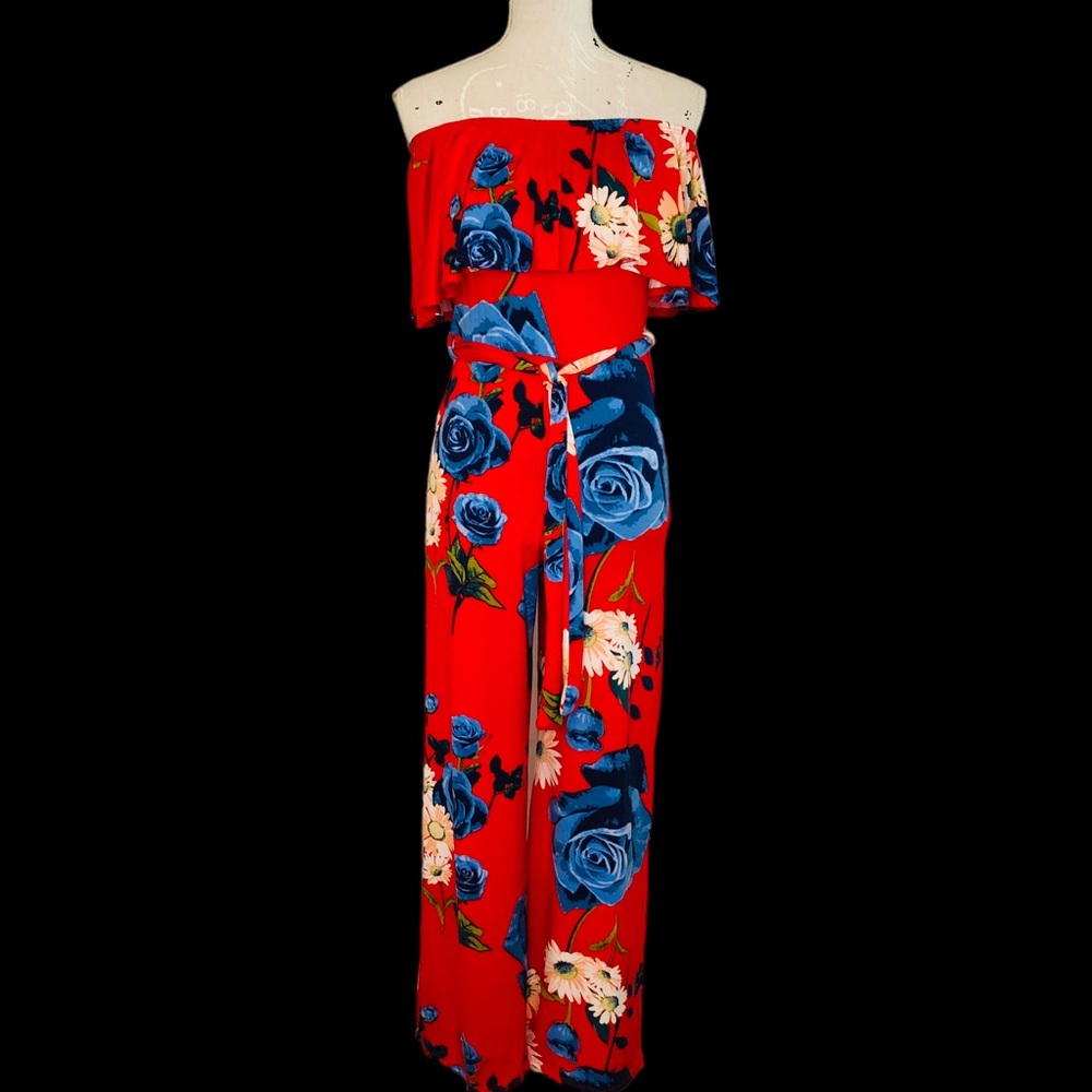 NWOT S Red Floral Strapless Ruffle Flounce Top Belted Wide Leg Jumpsuit